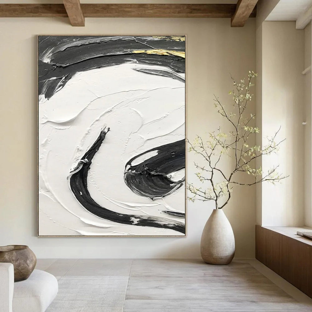 “Black, White, and Gold Swirl” - Luxurious Abstract Painting On Canvas DS378