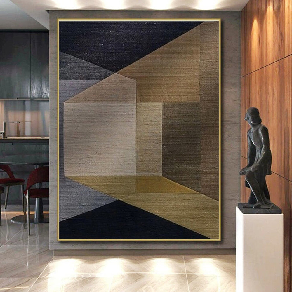 “Earthy Geometric Fusion” - Brown, Gray, Gold Abstract Geometric Painting On Canvas PS0677