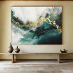 “Teal - Gold Abstract Waves” - Fluid Teal “Ocean Gold” Painting On Canvas PT1616