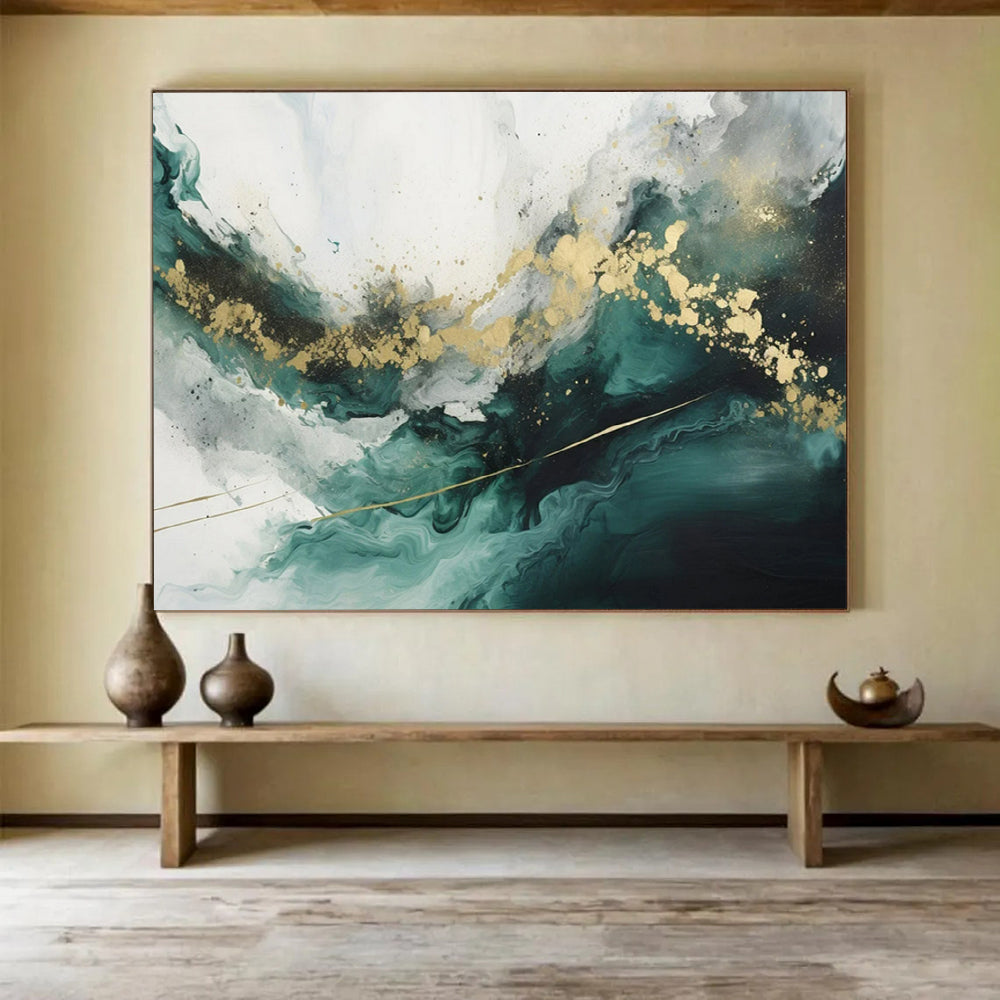 “Teal - Gold Abstract Waves” - Fluid Teal “Ocean Gold” Painting On Canvas PT1616