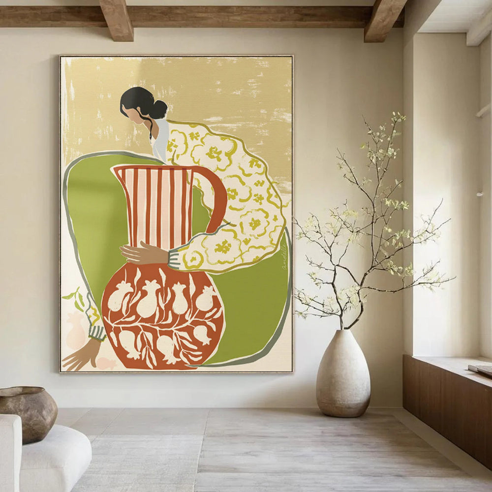 “Colorful Figure with Vessels” - Folk - Inspired Painting On Canvas PT1145