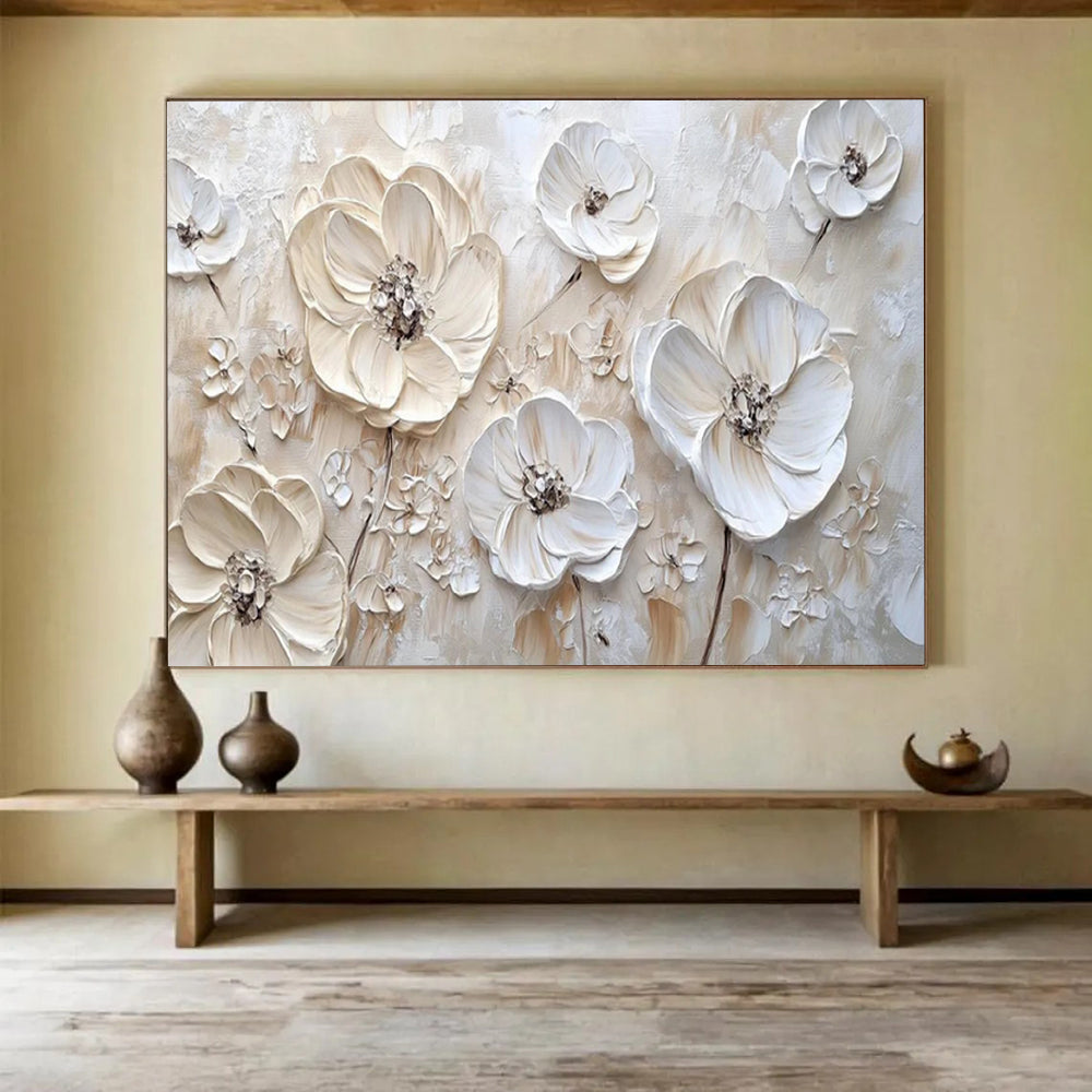 “Textured White Flowers on Beige” - Impasto Floral - Painting On Canvas PT1769
