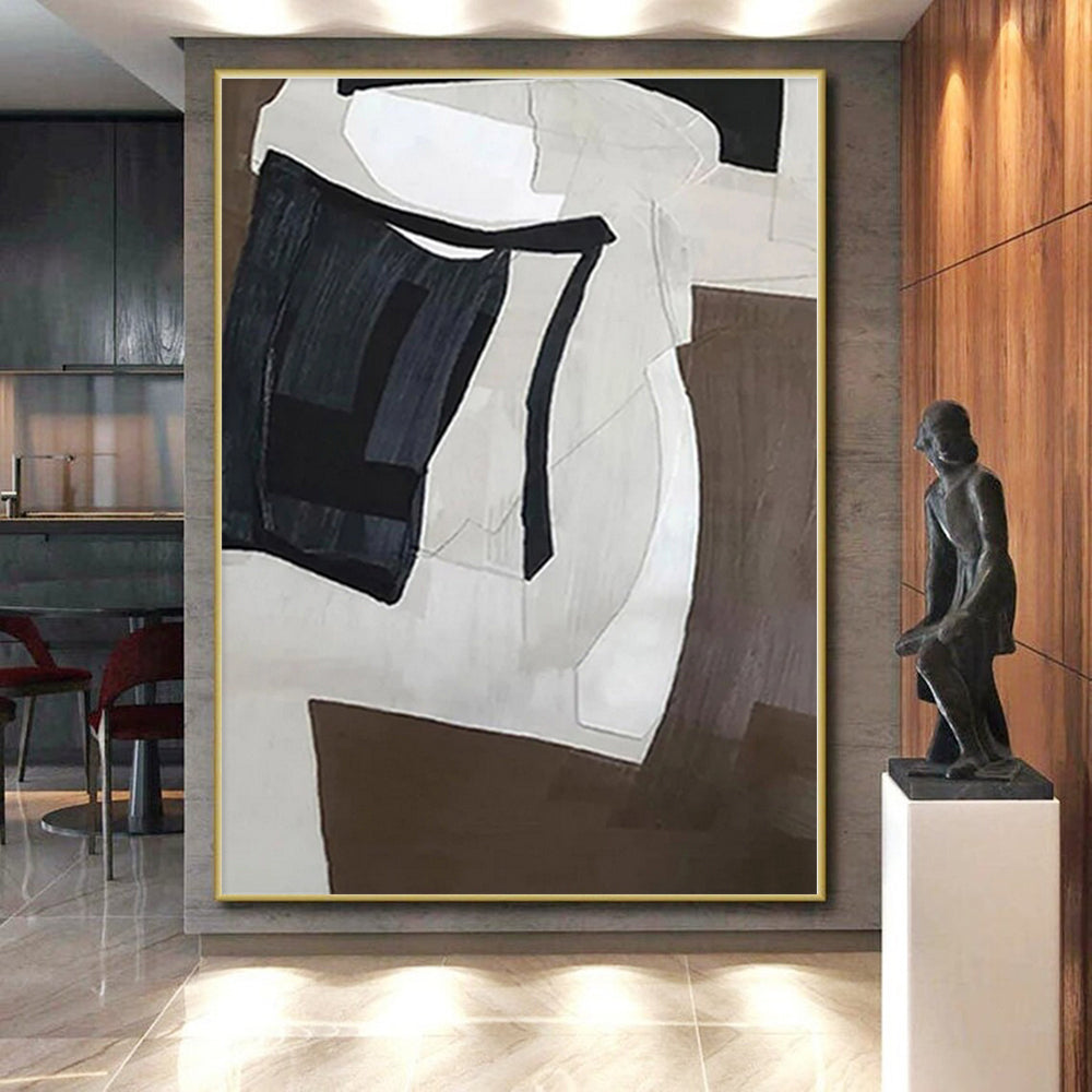 “Monochrome Geometric Forms” - Black, White, Brown Abstract Geometric Painting On Canvas PS0557
