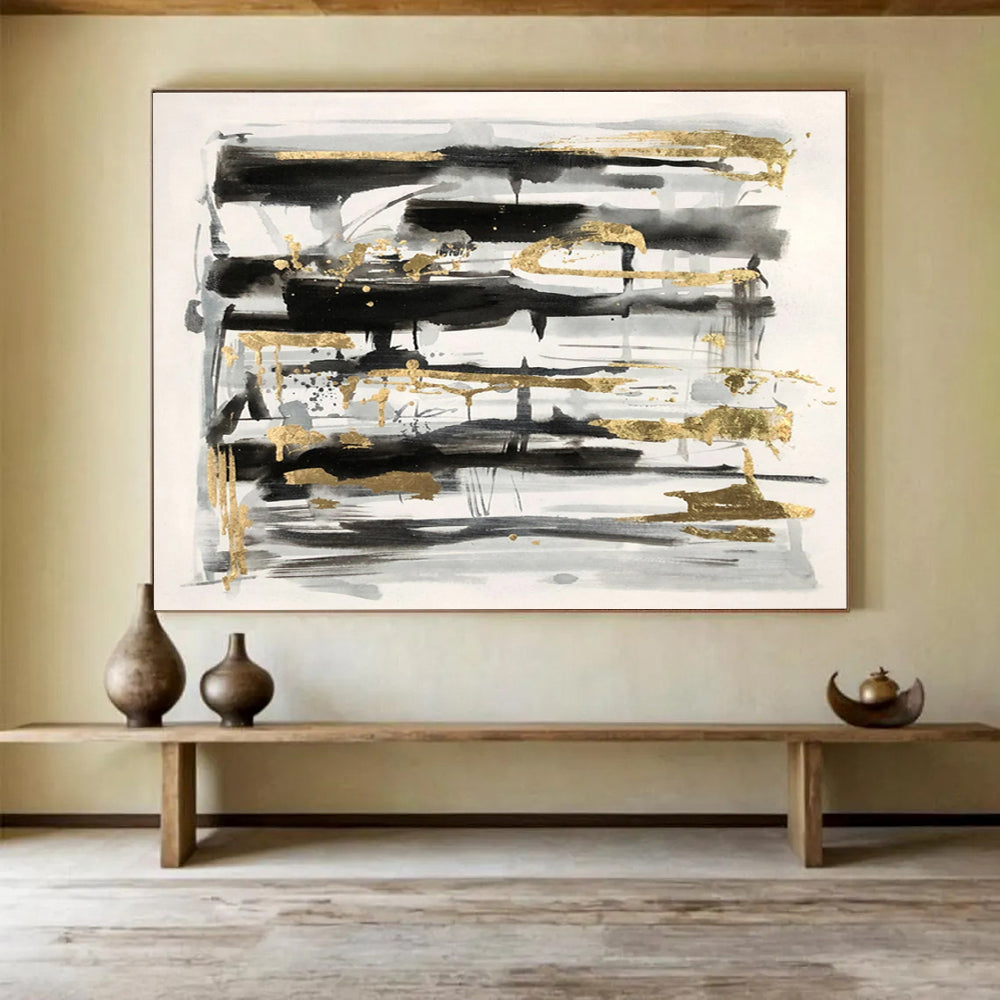“Black, Gray, and Gold Abstract” - Minimalist Abstract Painting On Canvas DKS846