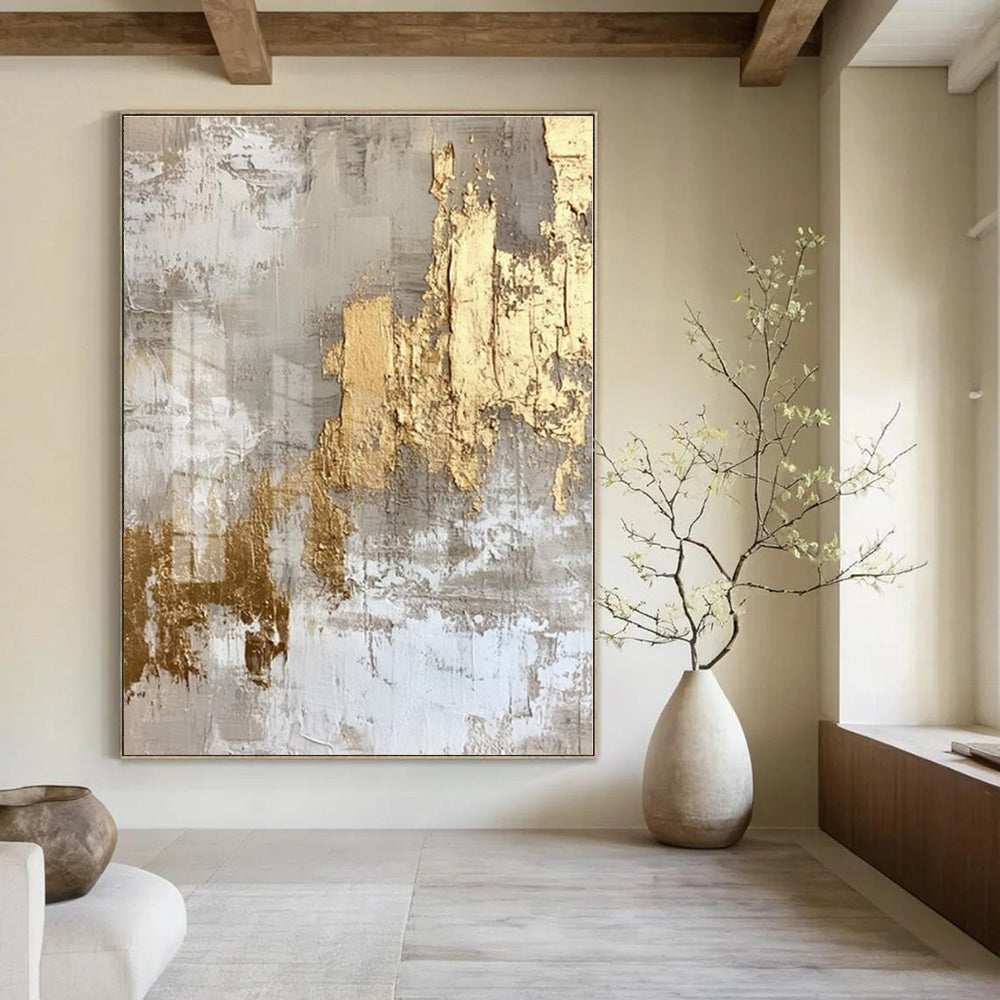 Gray, Gold, White with Textured Layers "Gilded Aura" Abstract Painting On Canvas PS1275