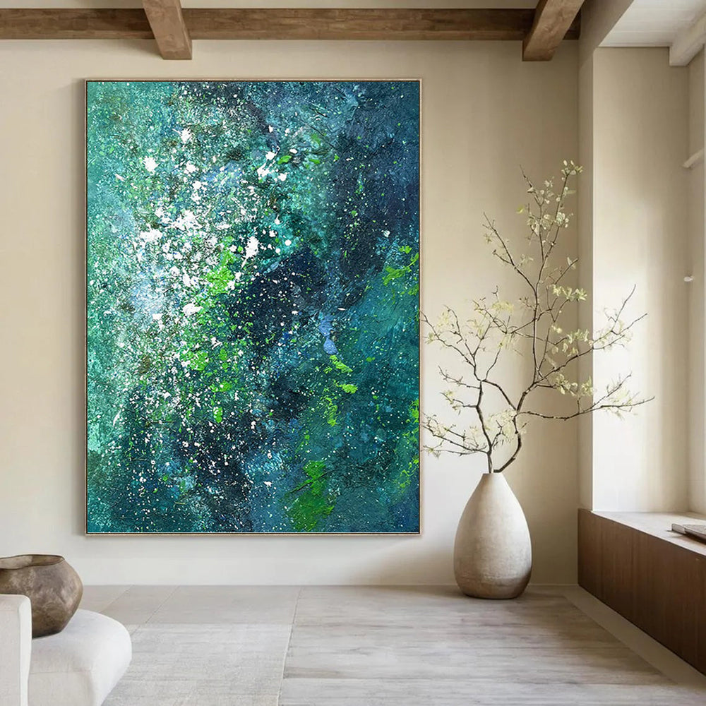 “Teal and Green Splatter Abstract” - Abstract Expressionist Painting On Canvas PT1029