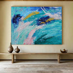 Ocean Waves Abstract: Blue, Green & Pink Expressionist Painting for Beach House & Coastal Café DKS654