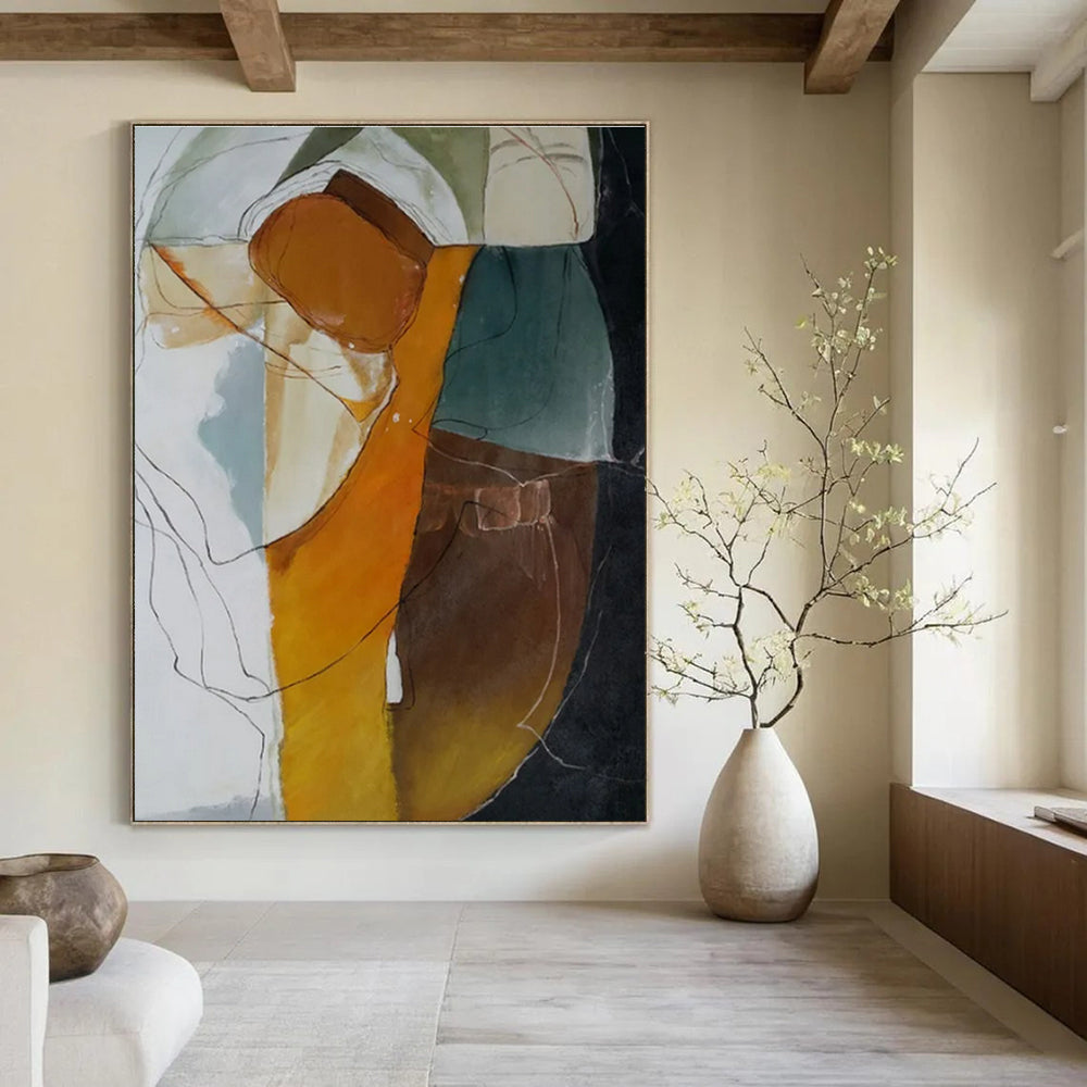 Orange, Green, Blue, White with Flowing Shapes "Colorful Fusion" Abstract Painting On Canvas PS1457