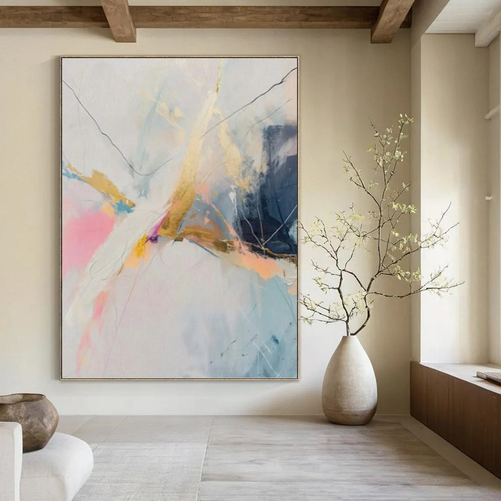 “Pastel and Gold Abstract” - Expressive Line Painting On Canvas PT0995