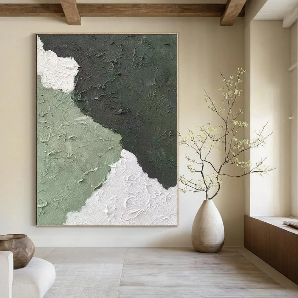 “Green - White Textured Abstract” - Minimalist Abstract Painting On Canvas PT1326