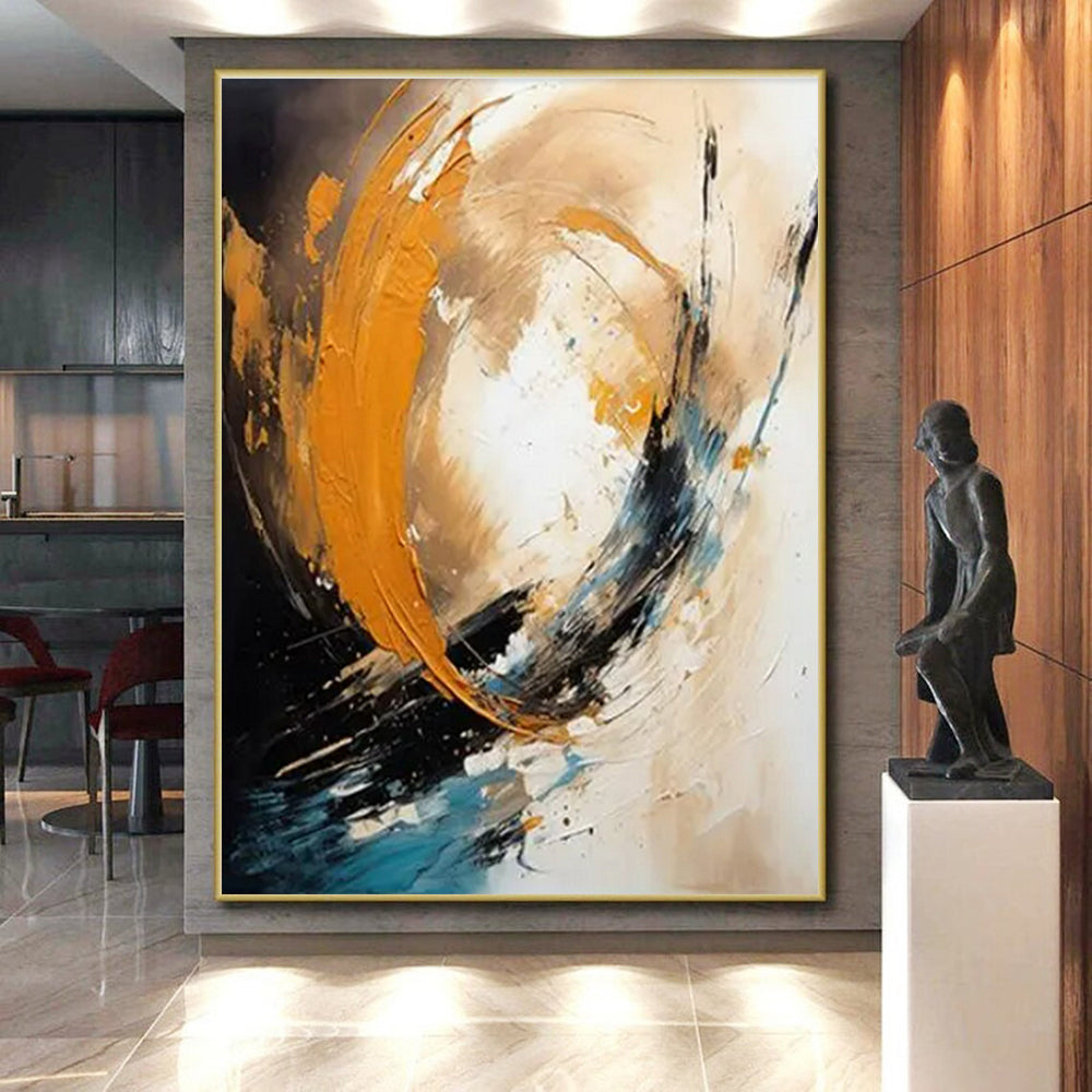 Orange, Blue, Black & Beige Abstract Swirl Painting On Canvas PS0829