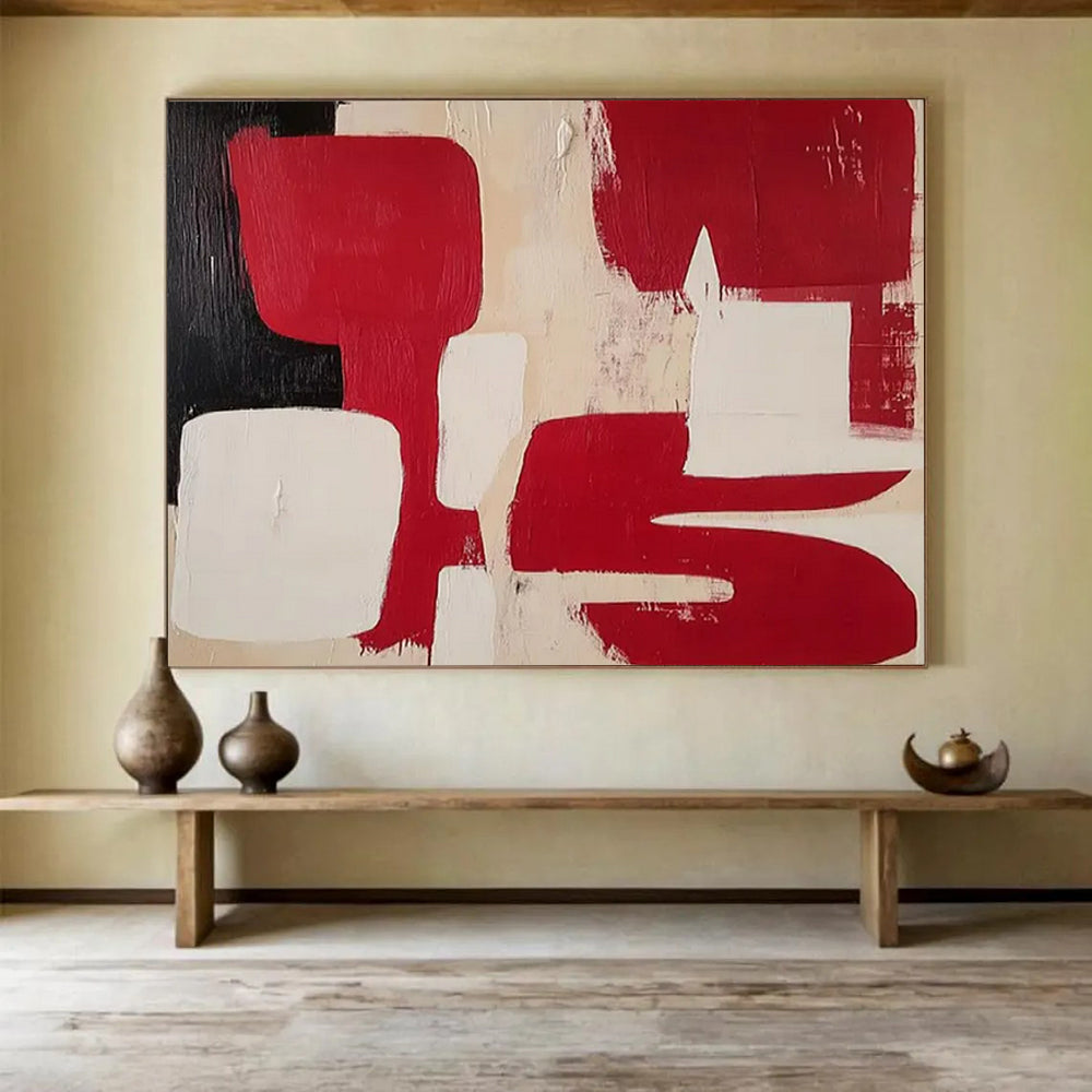 “Red, White, Black Geometric Shapes” Geometric Abstract Painting On Canvas PT1802