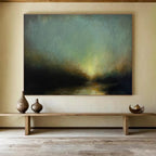 “Moody Greenish Glow” - Green, Yellow & Black Landscape, Impressionistic Oil Painting On Canvas DKS777