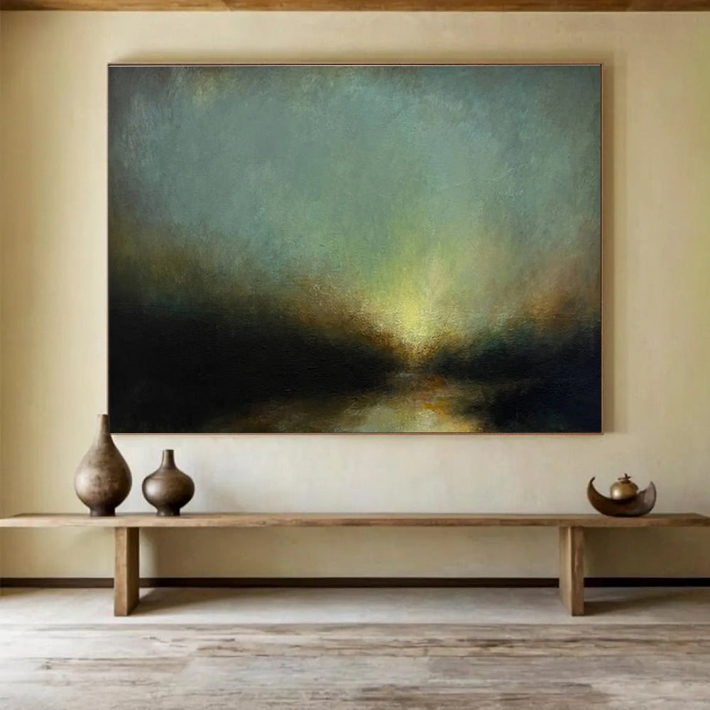 “Moody Greenish Glow” - Green, Yellow & Black Landscape, Impressionistic Oil Painting On Canvas DKS777