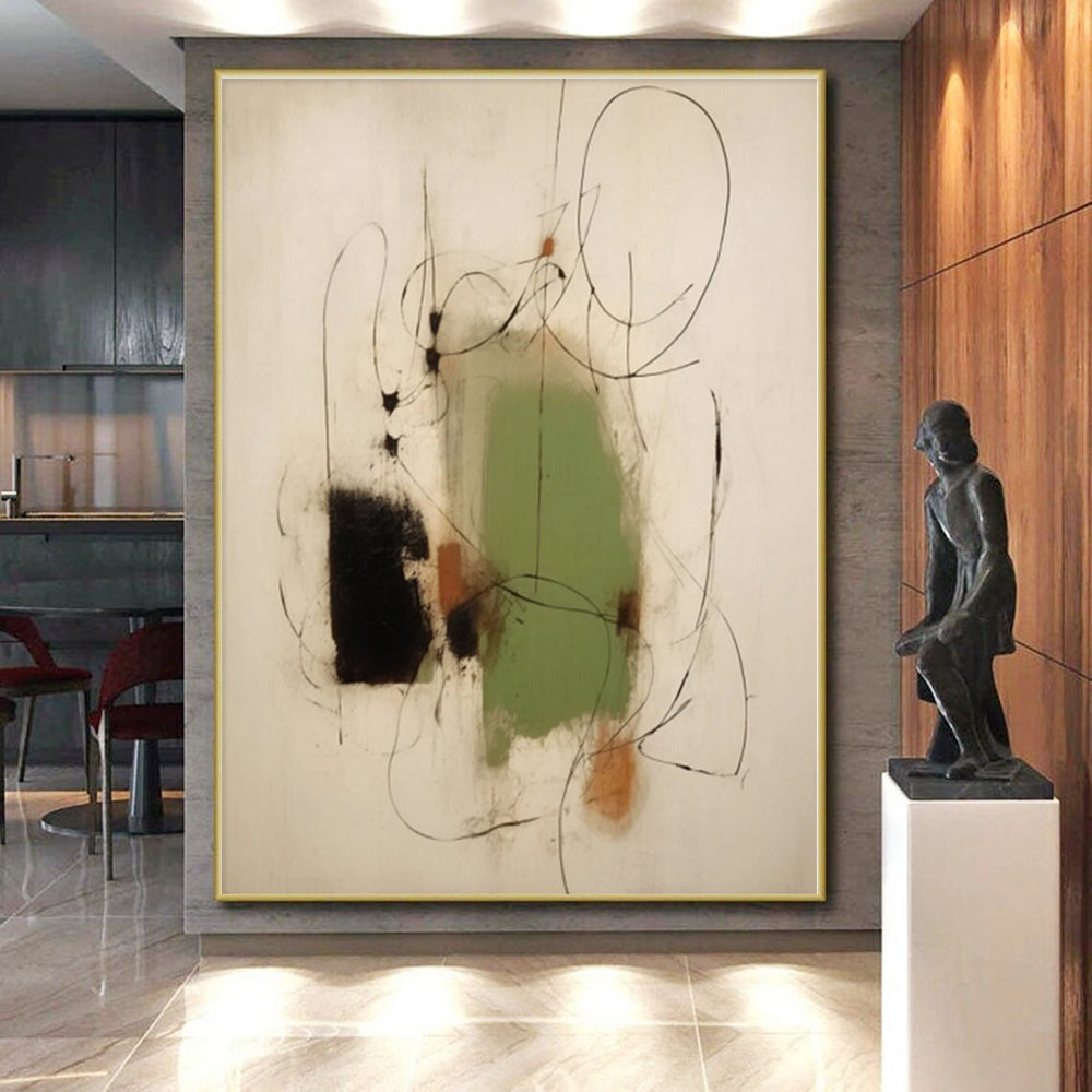 “Green - Black - Brown Abstract Lines” - Green, Black, Brown, White Abstract Painting On Canvas PS0518