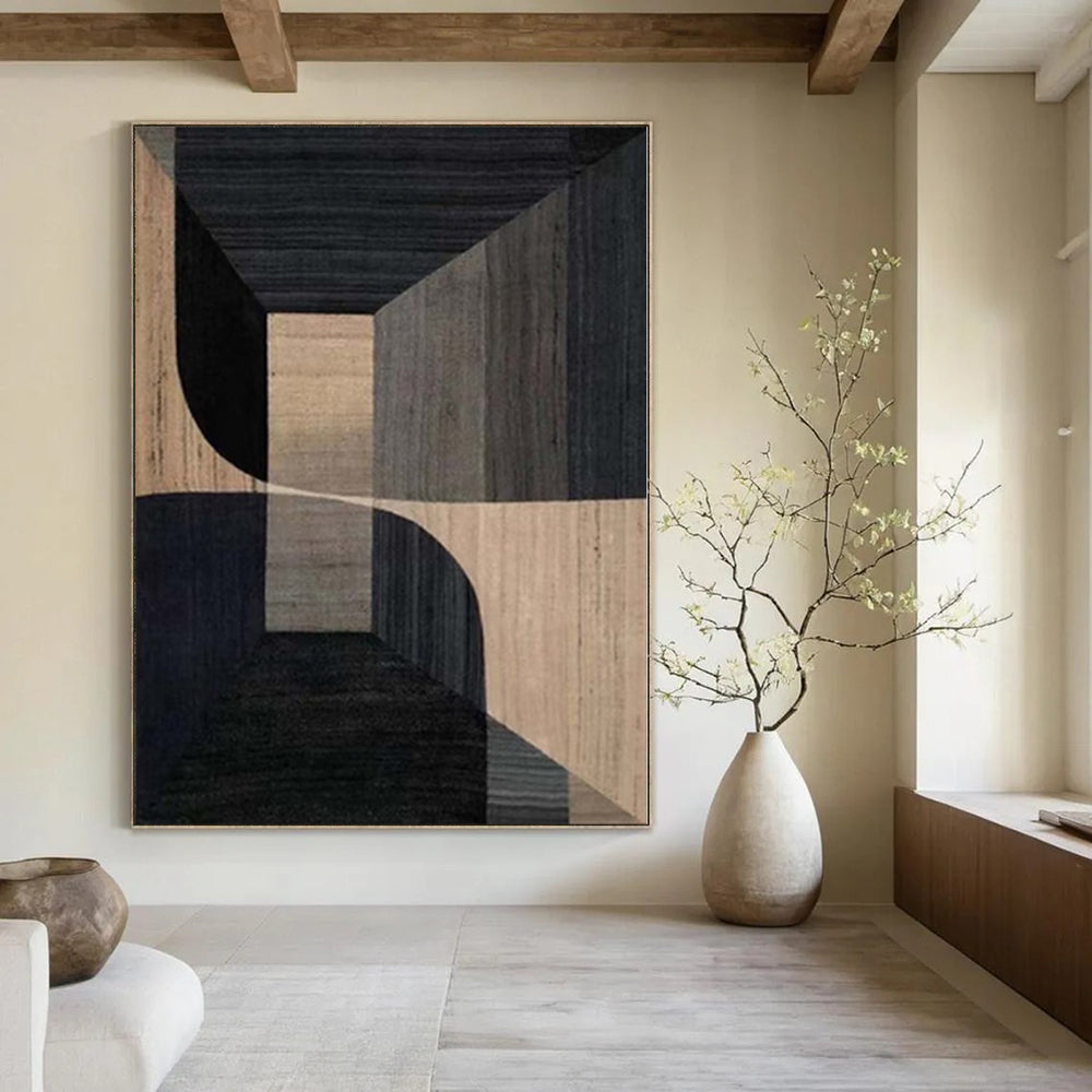 “Black - Beige Geometric Architectural” - Modern Abstract Painting On Canvas PS0151