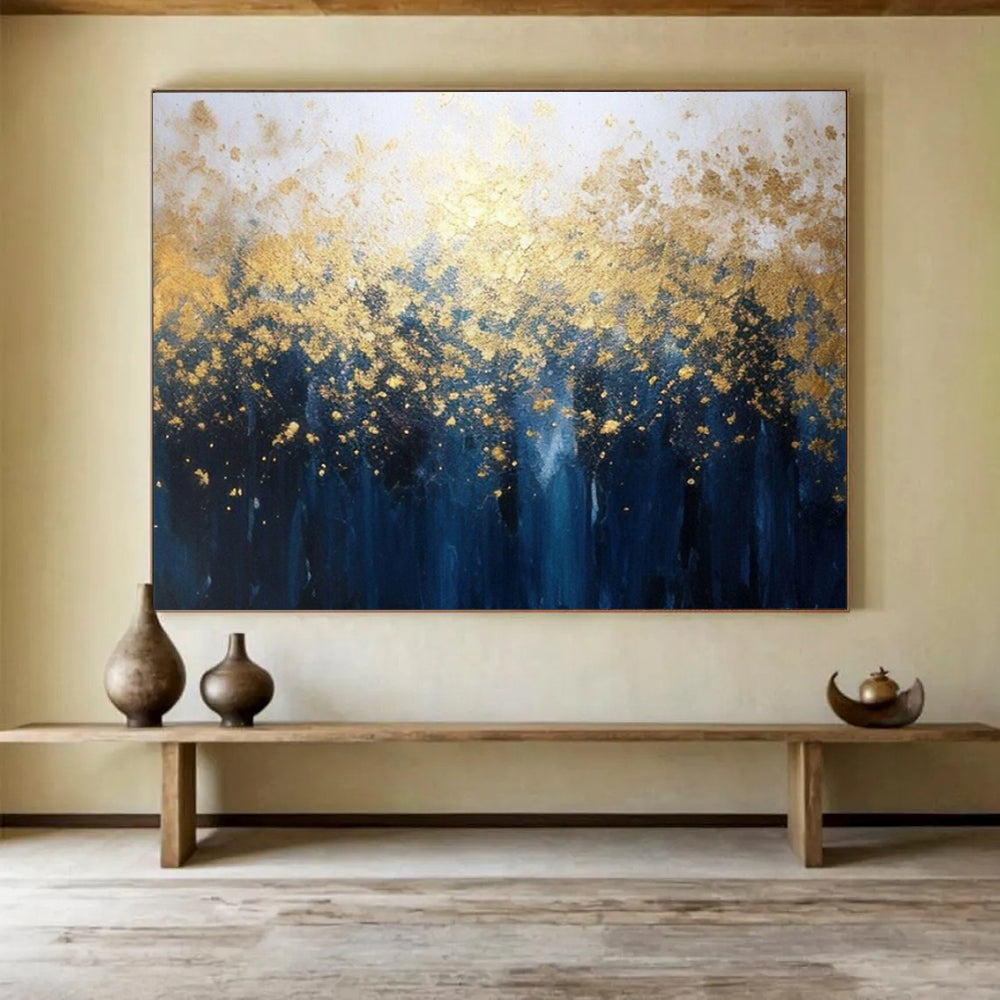 “Gold - Blue Abstract Forest” - Shimmering Gold “Midnight Grove” Painting On Canvas PT1639
