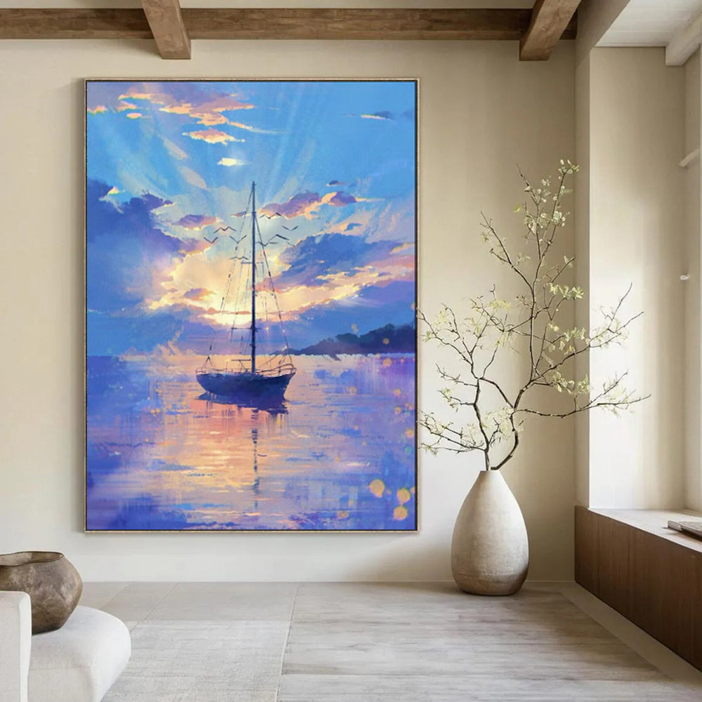“Pastel - Hued Sailboat at Sunset” - Impressionist Seascape Painting On Canvas PT1893