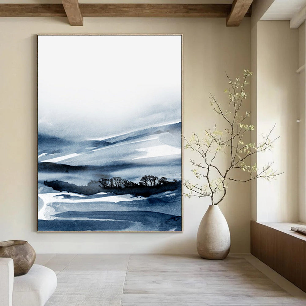 “Blue - Toned Ink - Wash Landscape” - Misty Mountains & Subtle Tree Forms Painting On Canvas DS231