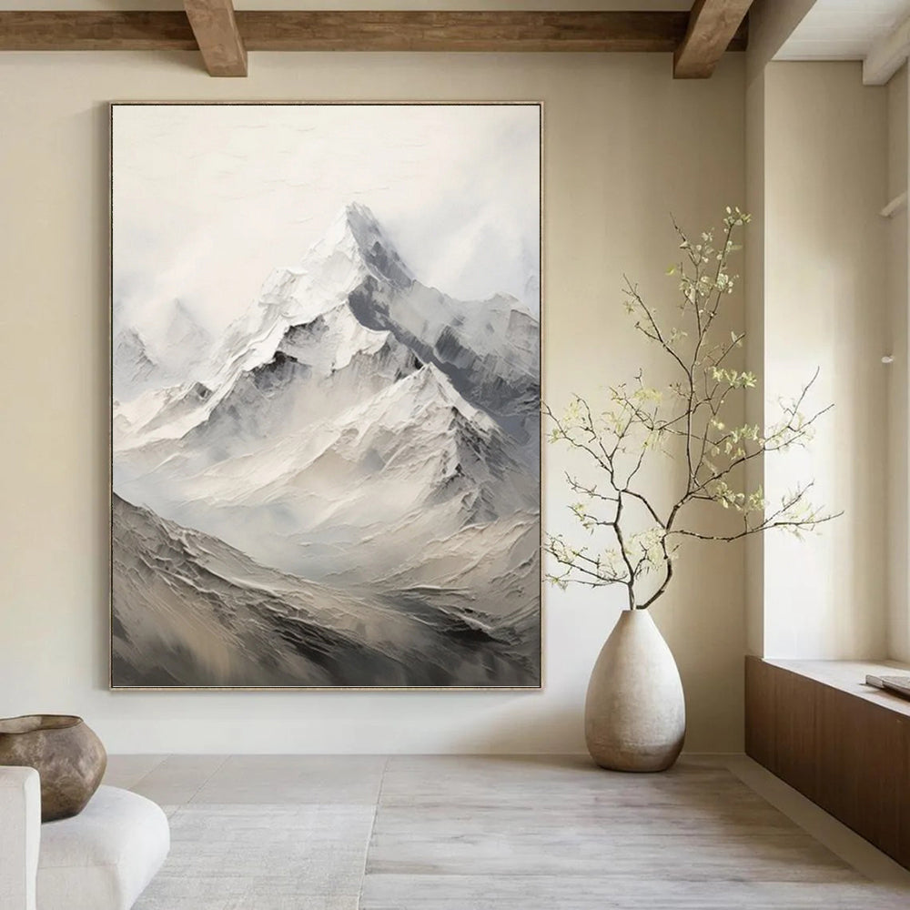 “White - Grey Mountain Peaks” - Impasto Landscape Painting On Canvas PT1256