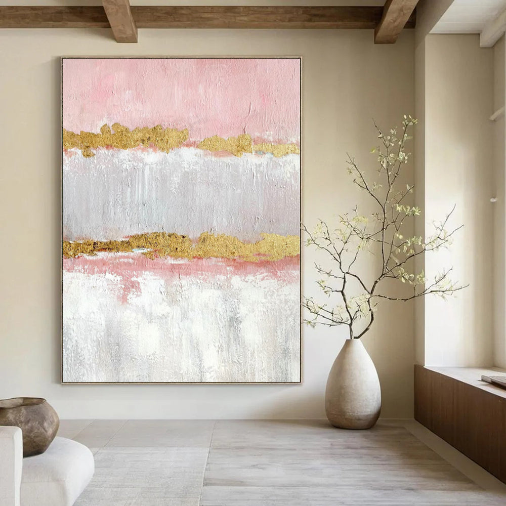 “Pink - Gold Striped Elegance” - Glam Abstract Painting On Canvas PS0207
