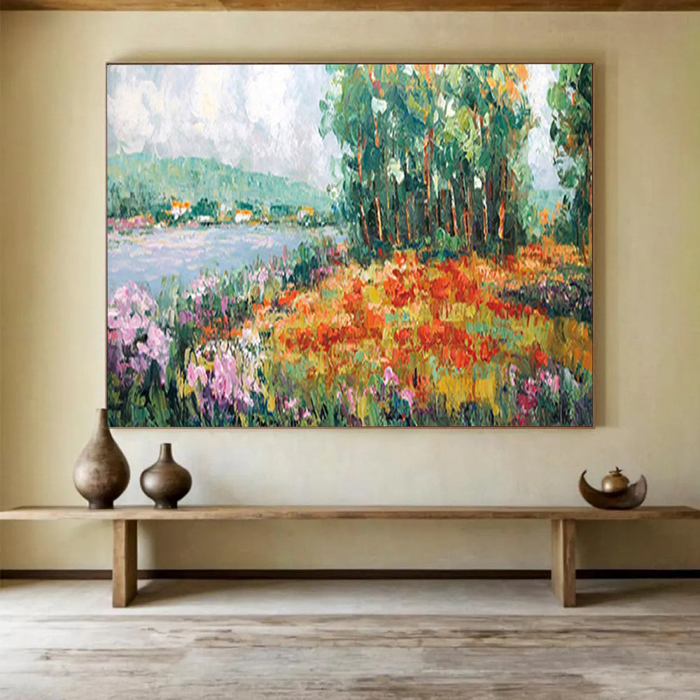 “Vibrant Lakeside Garden” - Impressionistic Landscape Painting On Canvas PT228