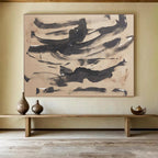 “Ink Wash Abstraction” - Black & Beige Abstract, Minimalist Ink Painting On Canvas DKS735