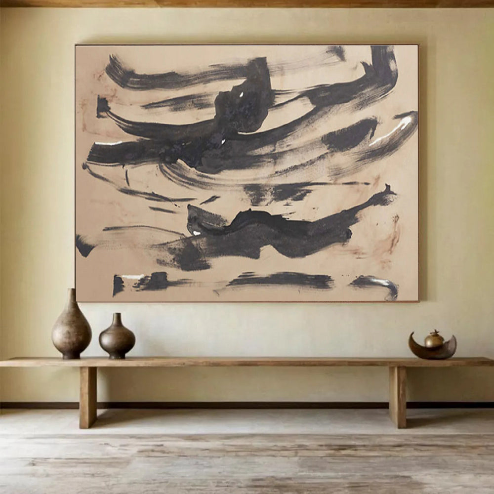 “Ink Wash Abstraction” - Black & Beige Abstract, Minimalist Ink Painting On Canvas DKS735