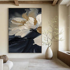 Cream and Black Floral "Elegant Blossoms" Impasto Flower Painting On Canvas PS1091