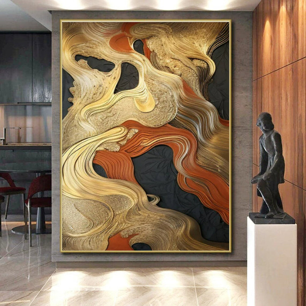 Gold, Orange & Black Abstract Waves Painting On Canvas PS0822