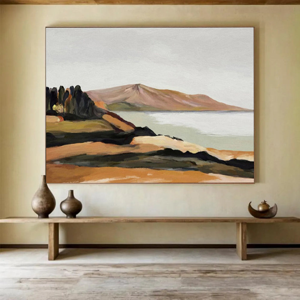 “Minimalist Coastal View” - Brown, Green & Blue Landscape, Modern Oil Painting On Canvas DKS729