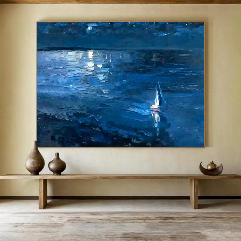 “Blue Night Sea with Sailboat” - Impressionist Seascape - Painting On Canvas PT1784