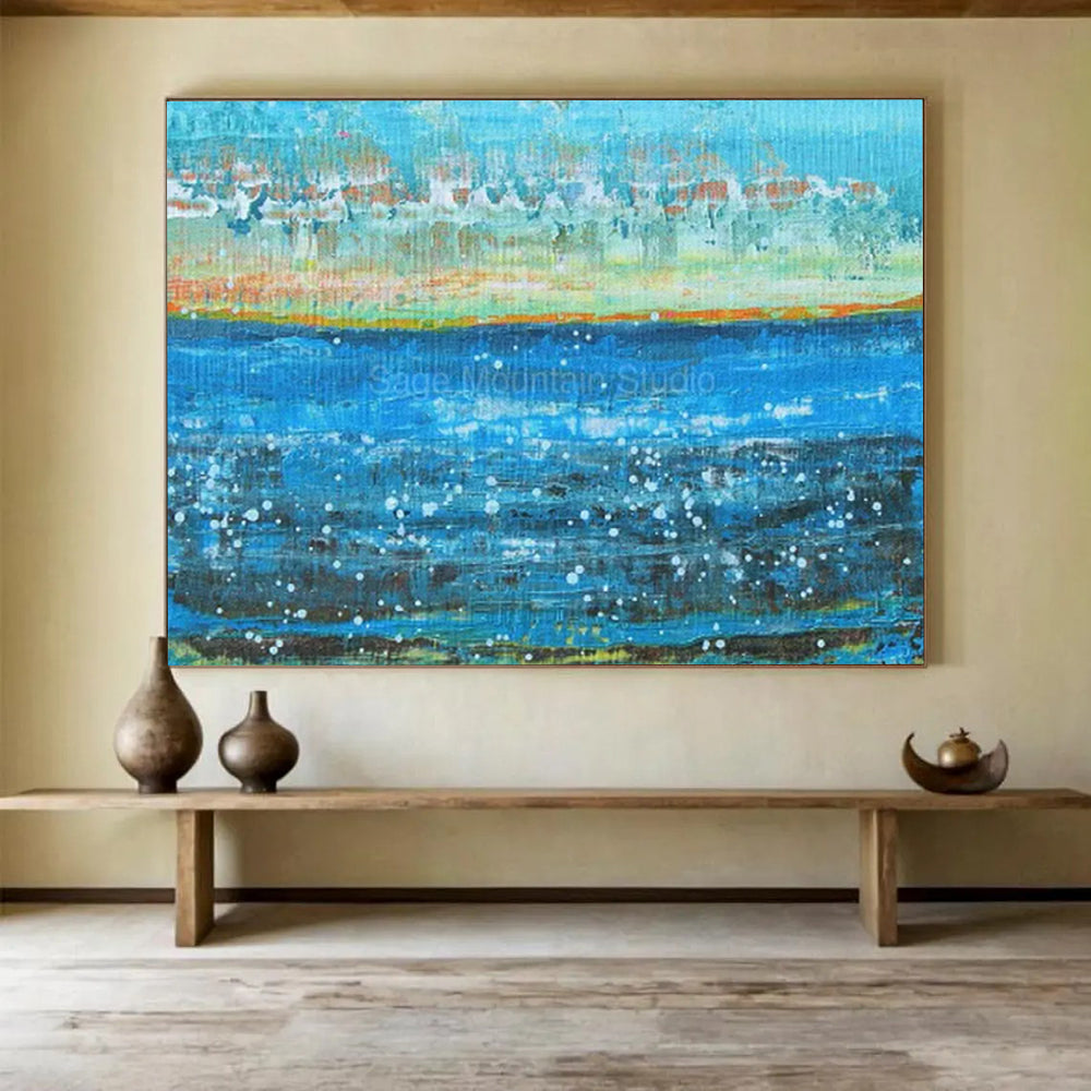 “Blue Water with White Dots and Colorful Shore” - Impressionist Maritime - Painting On Canvas PT1794