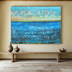 “Blue Water with White Dots and Colorful Shore” - Impressionist Maritime - Painting On Canvas PT1794
