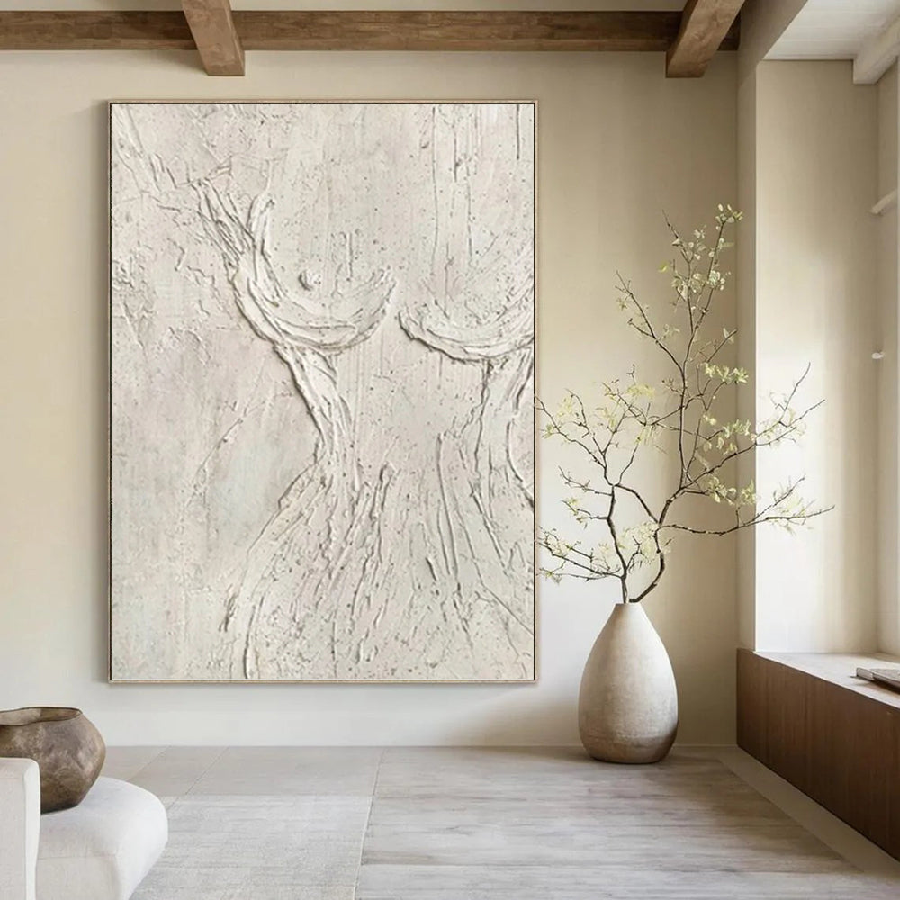 “White Textured Figure Abstract” - Minimalist Plaster Painting On Canvas PT0989