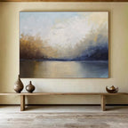 “Serene Landscape in Blue, Gray & Earth Tones” - Impressionistic Waterfront Painting On Canvas PT009
