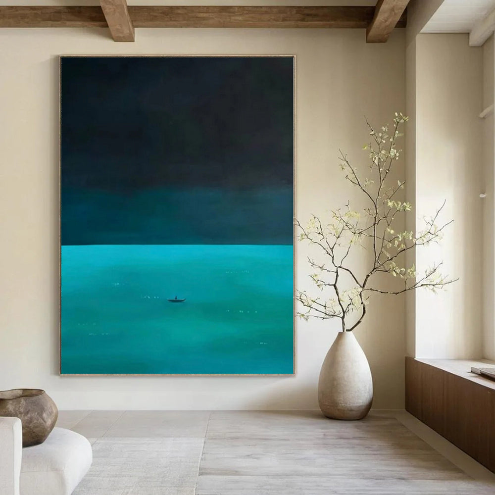 “Dark Sea & Solitary Boat” - Minimalist Seascape Painting On Canvas PS0194