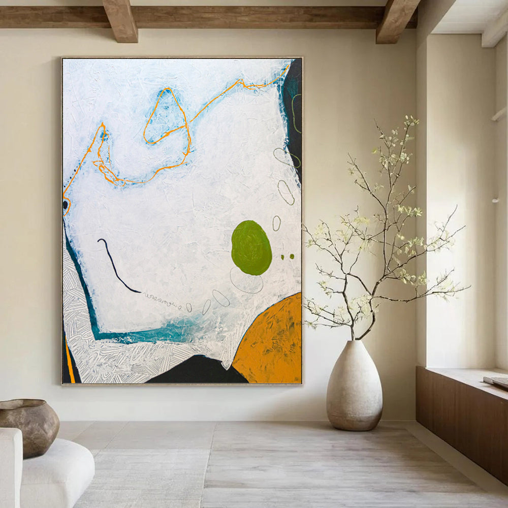 “White - Blue Abstract with Orange & Green” - Playful Abstract Painting On Canvas PT1107
