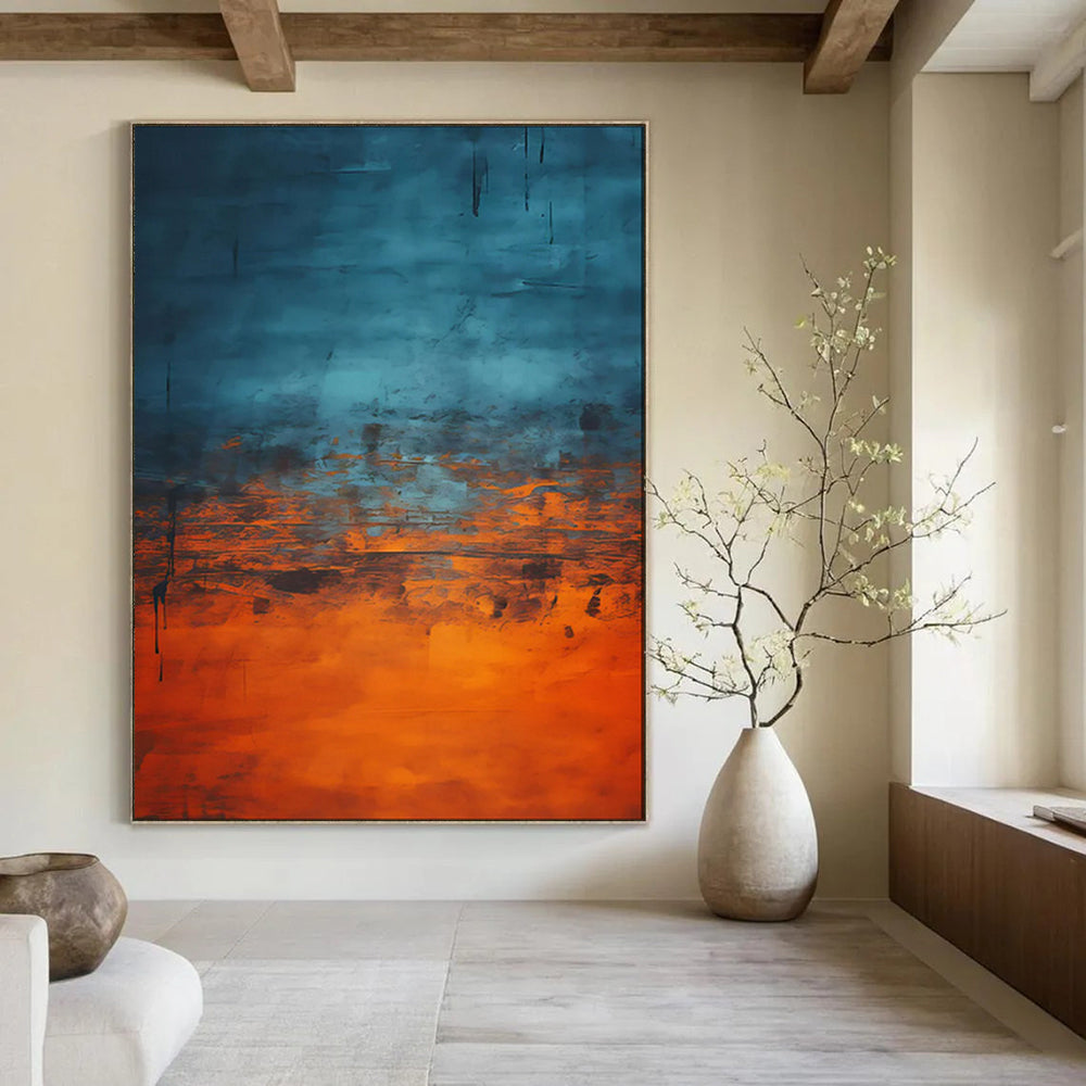 “Blue - Orange Blended Abstract with Dripping Details” - Abstract Expressionist Painting On Canvas PT1944