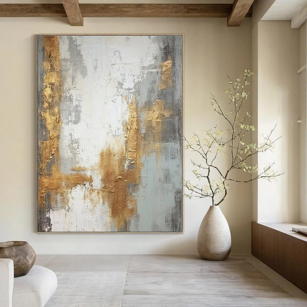 Gray, Gold, White with Textured Layers "Gilded Echoes" Abstract Painting On Canvas PS1270