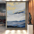 “Blue - White - Gold Cloudy Landscape” - Blue, White, Gold Abstract Landscape Painting On Canvas PS0584