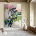 “Pink & Green Floral Burst” - Abstract Floral Painting On Canvas DS271