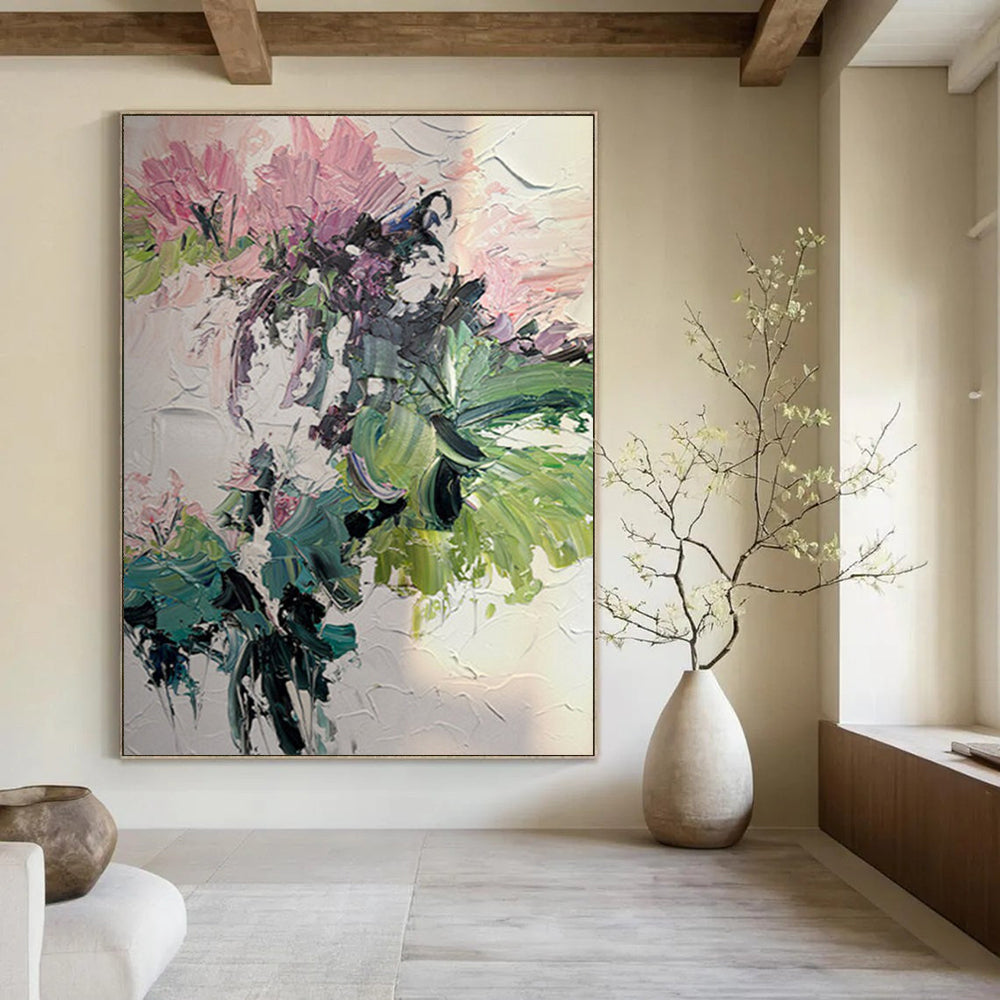 “Pink & Green Floral Burst” - Abstract Floral Painting On Canvas DS271
