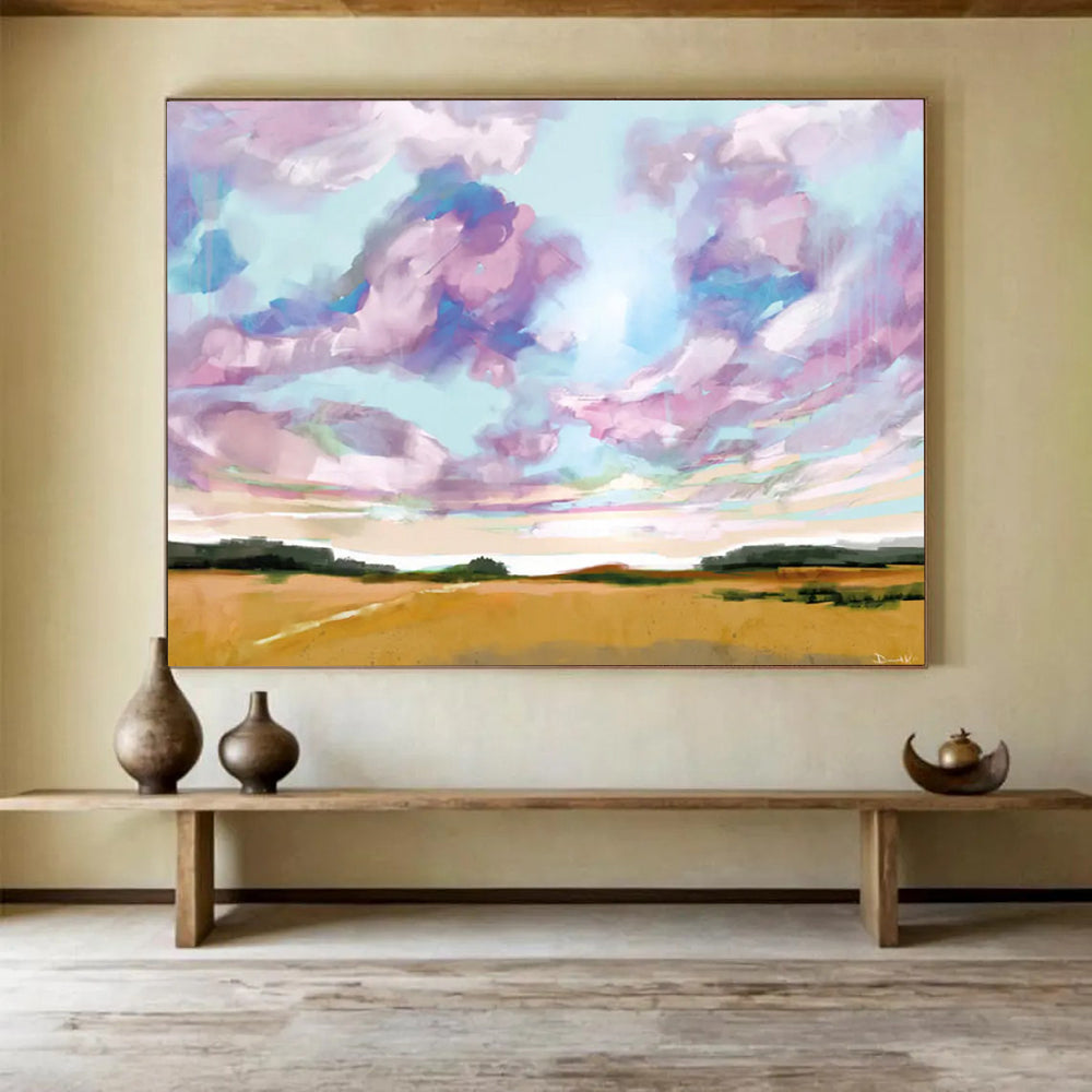 “Vibrant Sky and Field Abstract Landscape” - Cheerful Landscape Painting On Canvas PT149