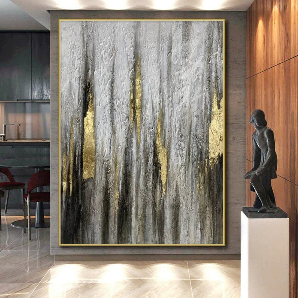 “Textured Grey - Gold Abstract Drip Art” - Luxe Textured Painting On Canvas PS0321
