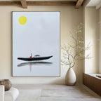 “Yellow Moon & Red Figure on Black Boat” - Minimalist Ink Painting On Canvas PT2163