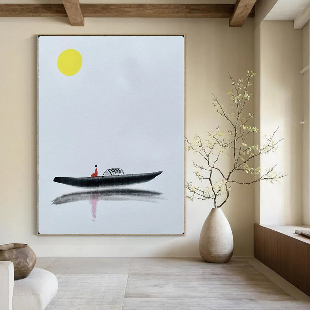 “Yellow Moon & Red Figure on Black Boat” - Minimalist Ink Painting On Canvas PT2163