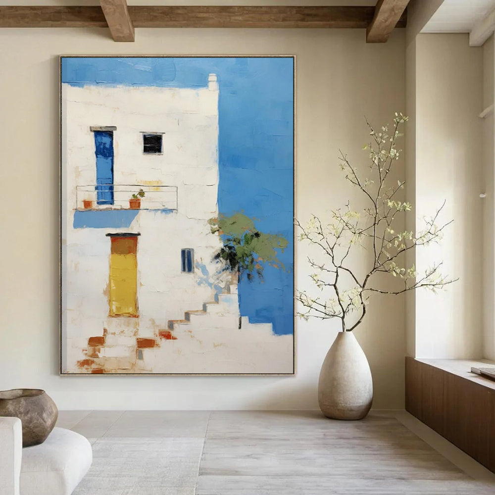 “White Building with Blue and Yellow Accents” - Impressionist Architecture Painting On Canvas PT1837