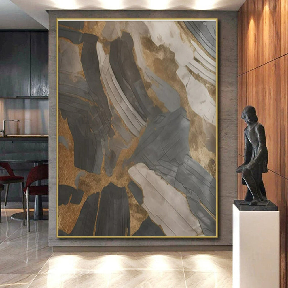 Gray, Gold & Black Abstract Shards "Urban Relic" Painting On Canvas PS0849