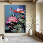 Blue, Pink, Green with Textured Lotus "Vibrant Blooms" Abstract Painting On Canvas PS1436